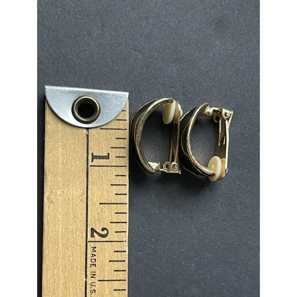 Vintage Enamel Clip Earrings Mod Art To Wear MCM Gold Tone Black Career Retro